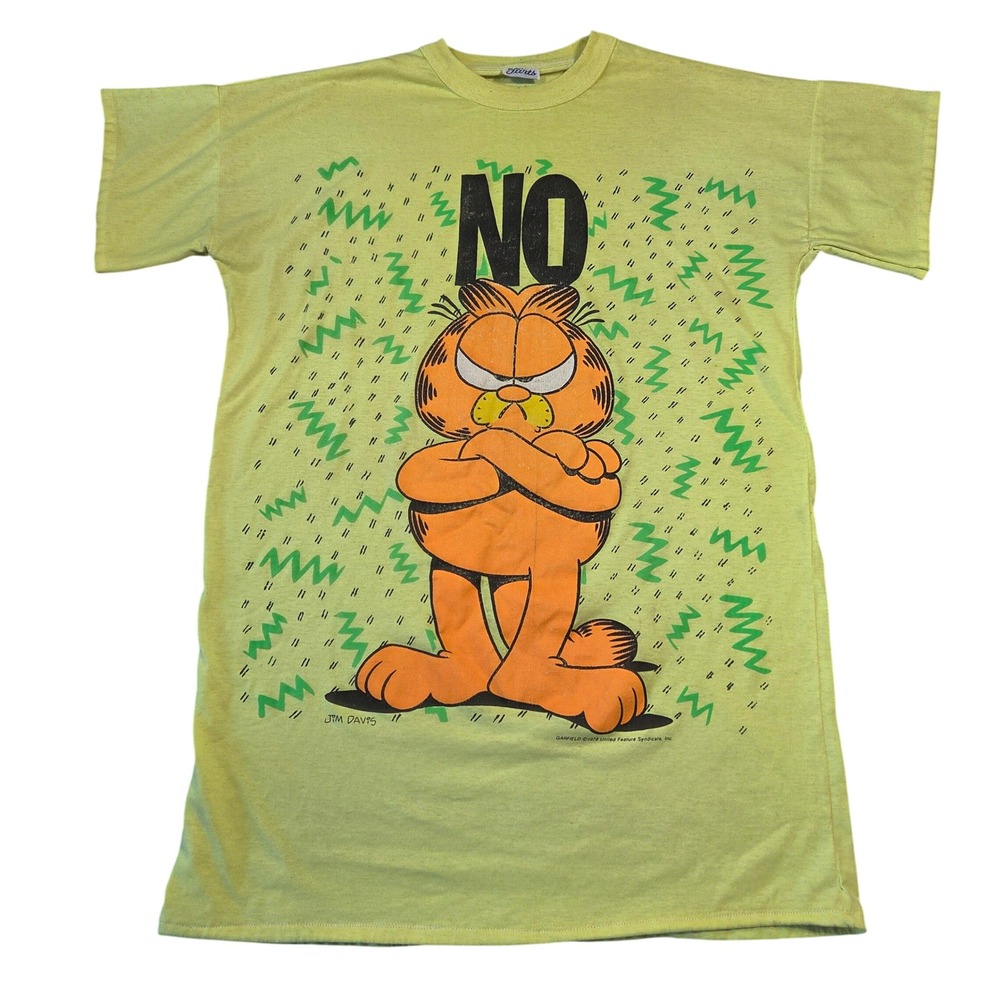 Vtg 70s Garfield NO Graphic T-Shirt Neon Yellow Single Stitch Jim Davis Flirts